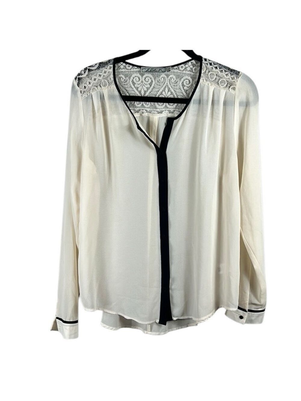 Chloe K Semi Sheer Lace Trim Button Down Blouse Size L
